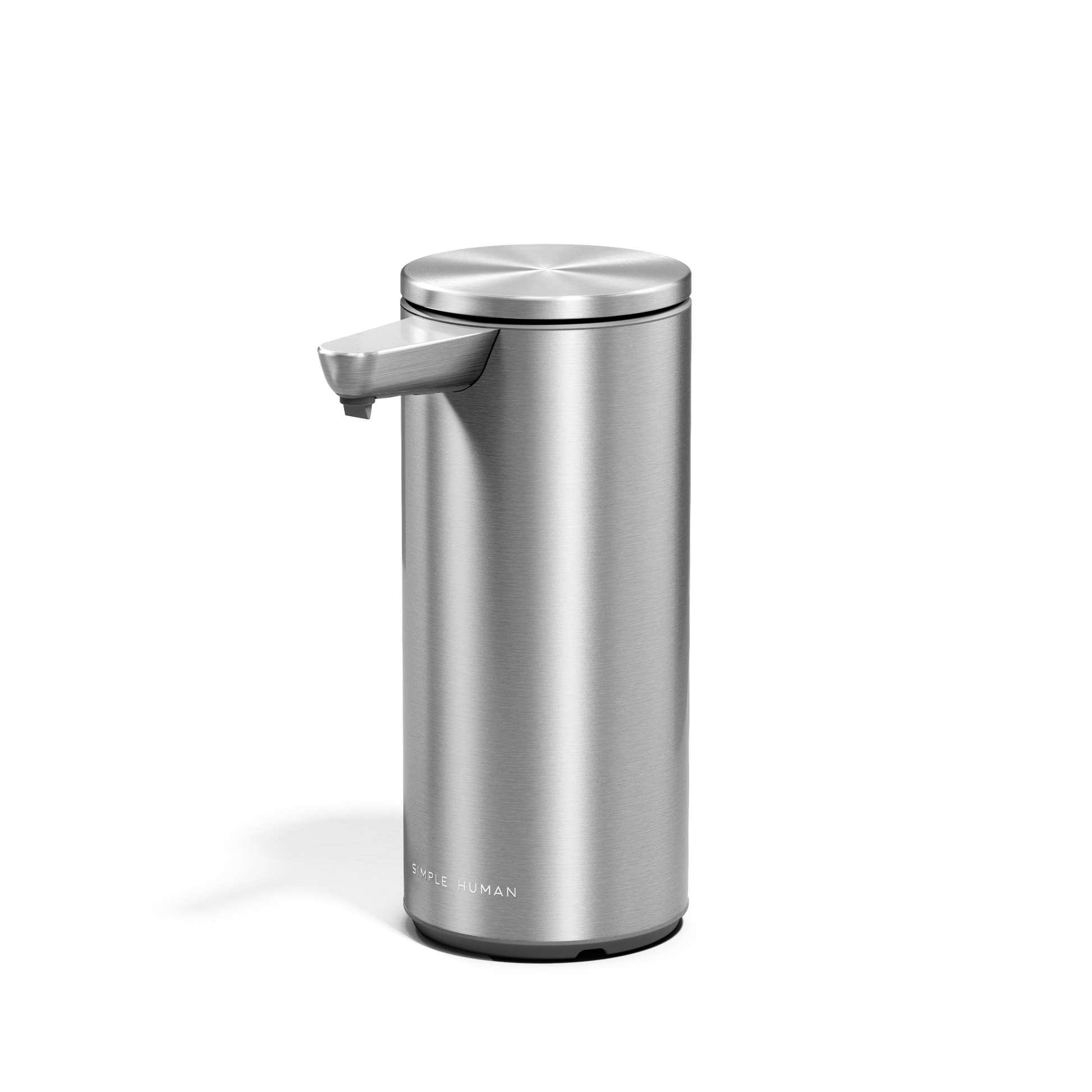 Angled view of Simplehuman 9 oz. Rechargeable Sensor Pump in Brushed Stainless Steel, hands-free soap dispenser.