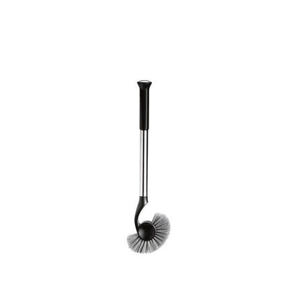 Simplehuman Toilet Brush (Black/Polished Steel) showing fan-shaped head and curved neck for deep rim cleaning.