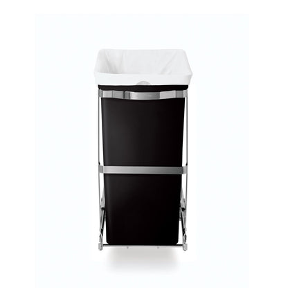 Front view of Simplehuman 30L Pull-Out Can, Polished Stainless Steel frame, fully extended, hidden under-counter storage.