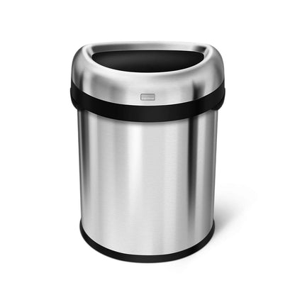 Angled view of Simplehuman 80L Semi-Round Open Can in Brushed Stainless Steel, high-capacity, easy-access design.