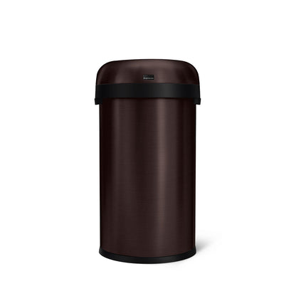 Simplehuman 60L Bullet Open Can in Brushed Dark Bronze, front view, high-capacity, open top for easy disposal.
