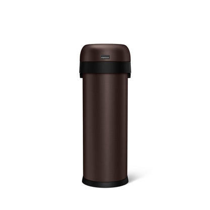 Front studio view of Simplehuman 50L Slim Open Can in Dark Bronze, high-capacity, slim profile for tight spaces.