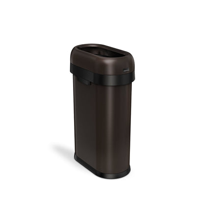 Simplehuman 50L Slim Open Can in Dark Bronze, fixed open lid for quick, easy disposal.
