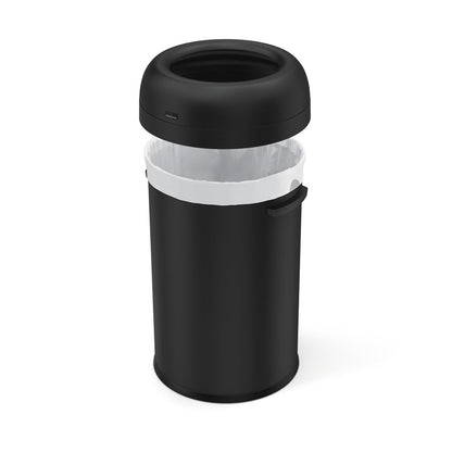 Detail view of Simplehuman 115L Bullet Open Can, Matte Black, showing removable top rim lifted for liner change.