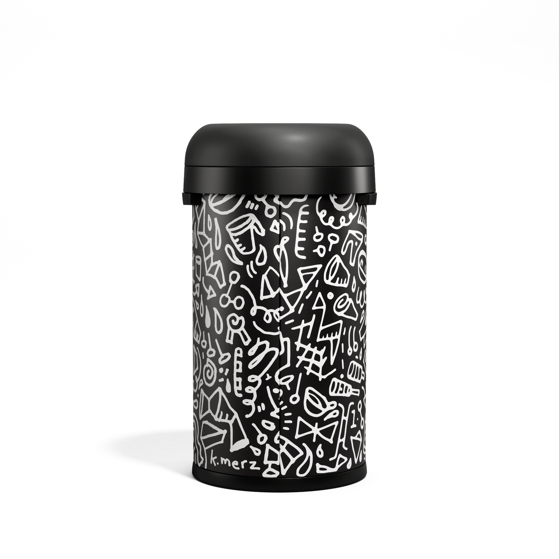 Centered front view of Simplehuman 60L Bullet Open Can, Black Doodle graphic by k.merz, high-traffic open top.