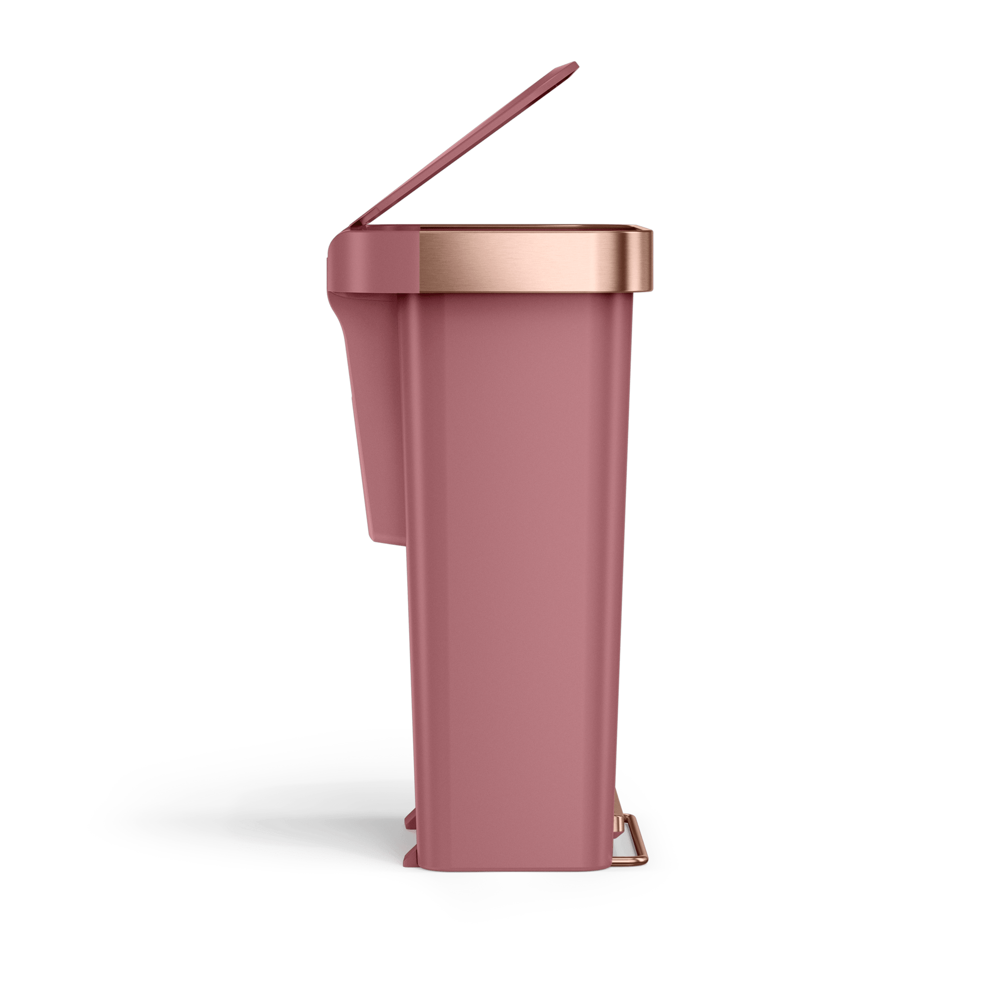 Side view of Simplehuman 45L Hybrid Step Can, Dusty Rose with Rose Gold accents, hands-free foot pedal.