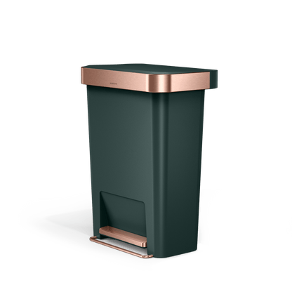 Angled view of Simplehuman 45L Hybrid Step Can, Dark Green with Rose Gold accents, hands-free pedal.