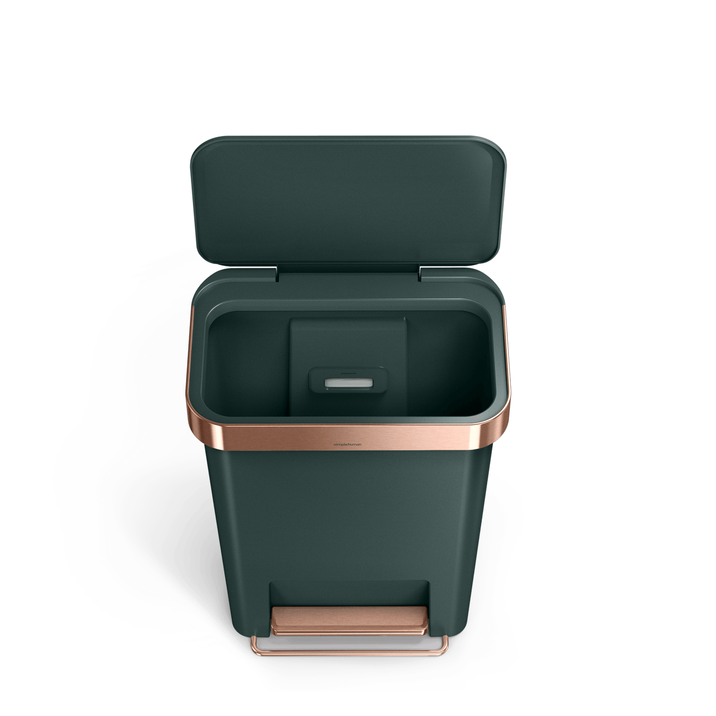 Detail view of Simplehuman 45L Hybrid Step Can, Dark Green, open, showing liner pocket and Rose Gold rim.