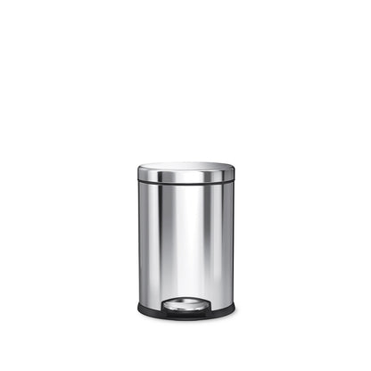 Front view of Simplehuman 4.5L Round Step Can in Polished Stainless Steel, hands-free pedal.
