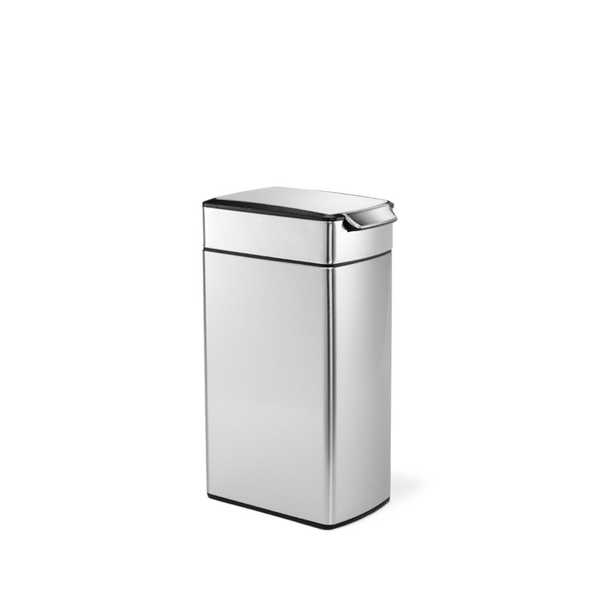 Angled view of Simplehuman 40L Slim Rectangular Touch-Bar Can, Brushed Stainless Steel, space-saving design.