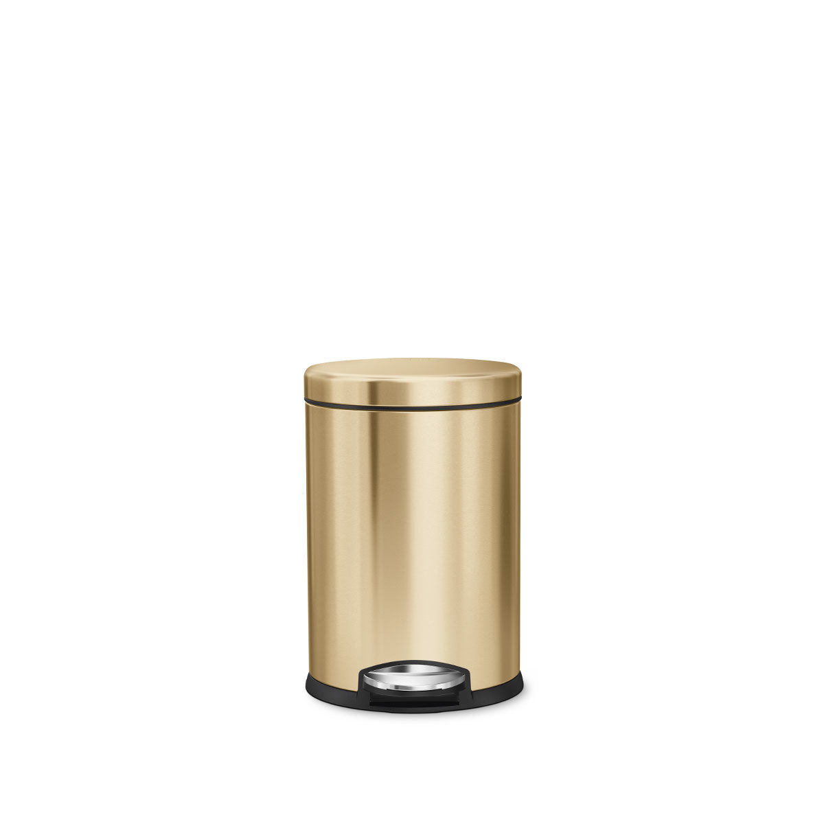 Front view of Simplehuman 4.5L Round Step Can in Brass finish, hands-free pedal
