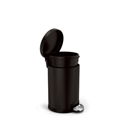 Angled open view of Simplehuman 4.5L Round Step Can in Matte Black, showing removable liner and hands-free pedal.