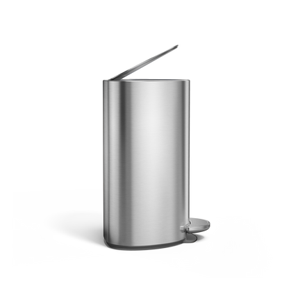 Simplehuman 6L Semi-Round Step Can, Brushed Stainless Steel, profile view with lid open, hands-free pedal.