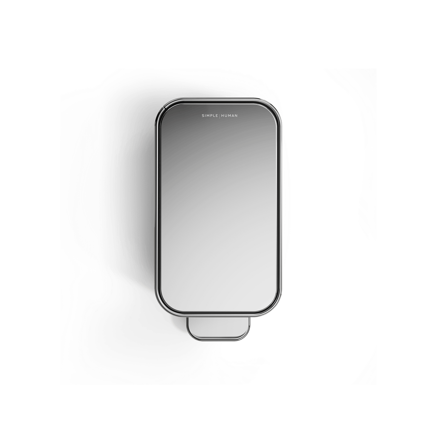 Simplehuman 5L Slim Step Can, Polished Stainless Steel, Top view, showcasing narrow profile and mirrored lid.