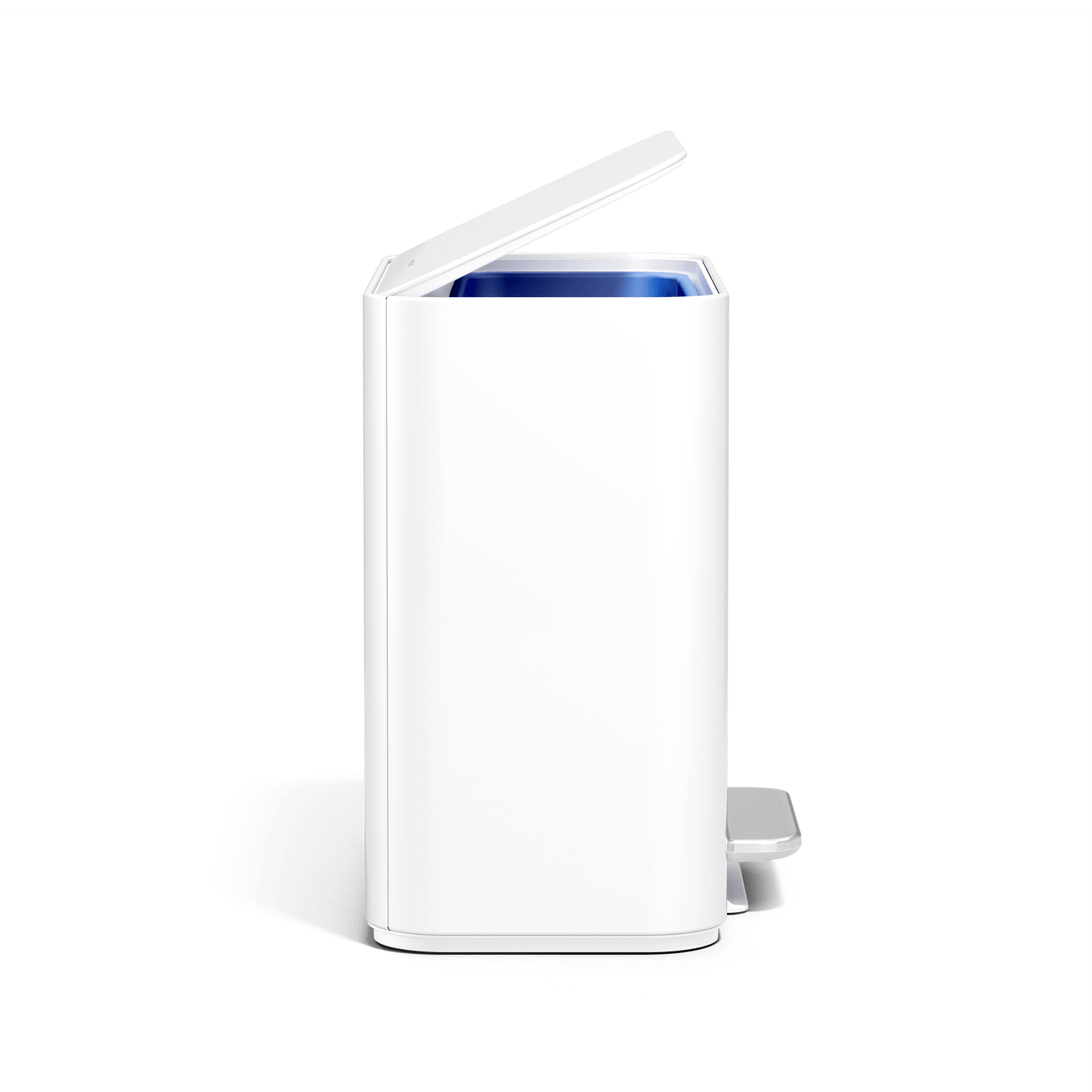 Simplehuman 16L White Mini Step Can with pedal, side angle.