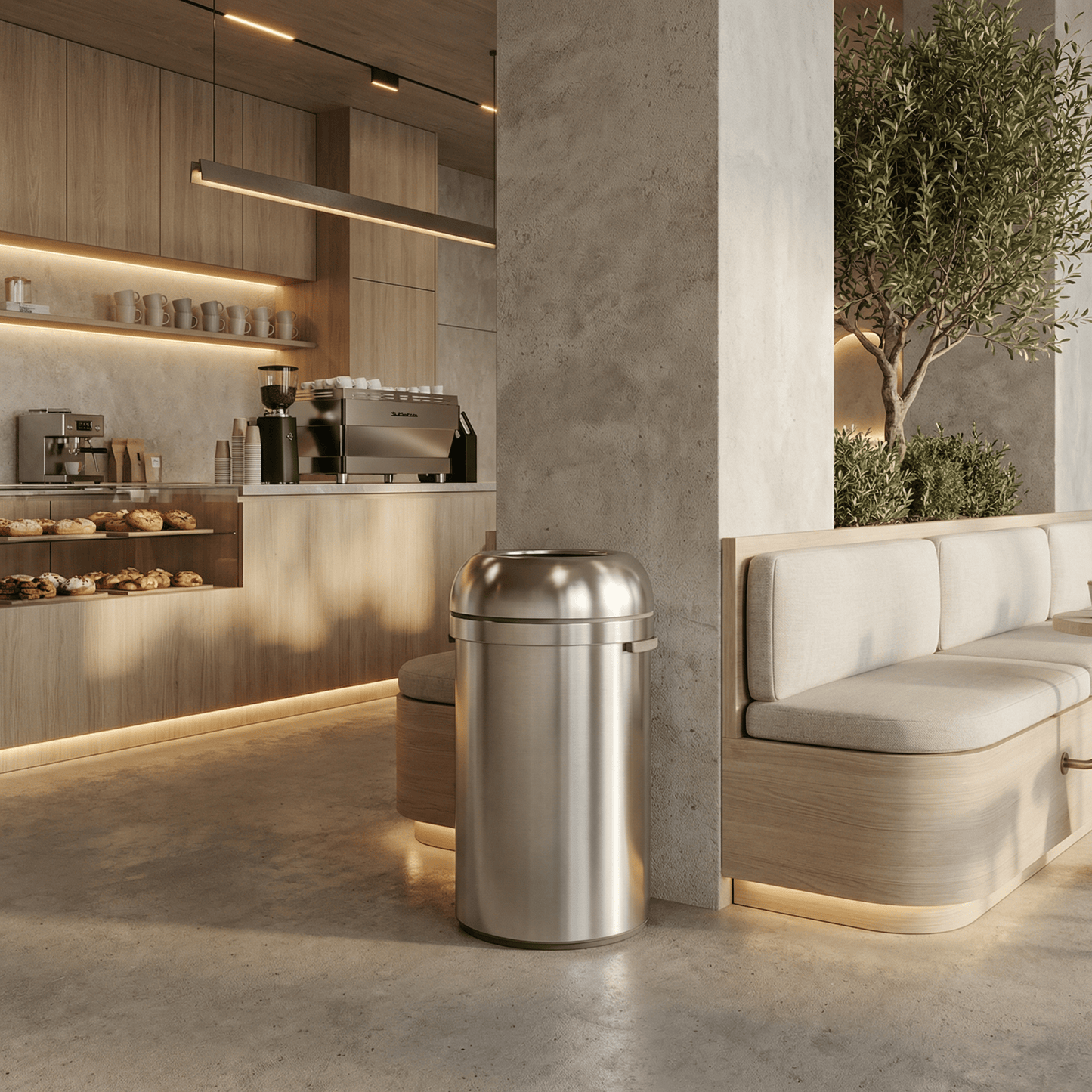Simplehuman's Brushed All-Steel Bullet Open Can in 80L in a modern coffee shop with greenery, marble and wood appliances.