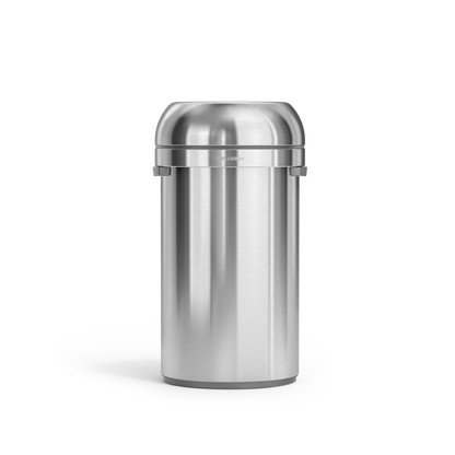 Simplehuman's 60L All-Steel Bullet Open Can in Brushed front-angle view.