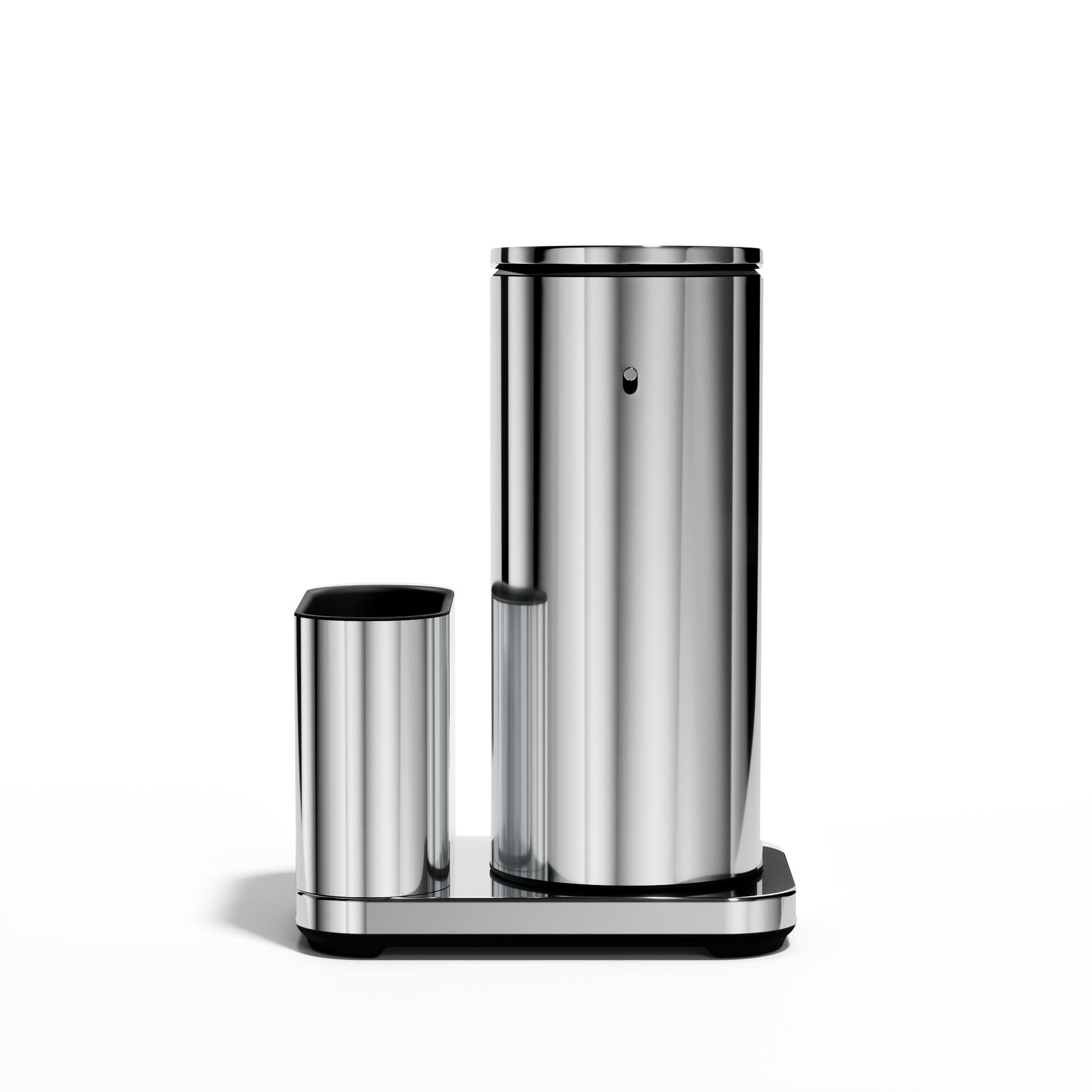 Profile view: Simplehuman Polished Stainless Steel 14 oz Sensor Pump + Caddy, rechargeable touch-free dispenser.