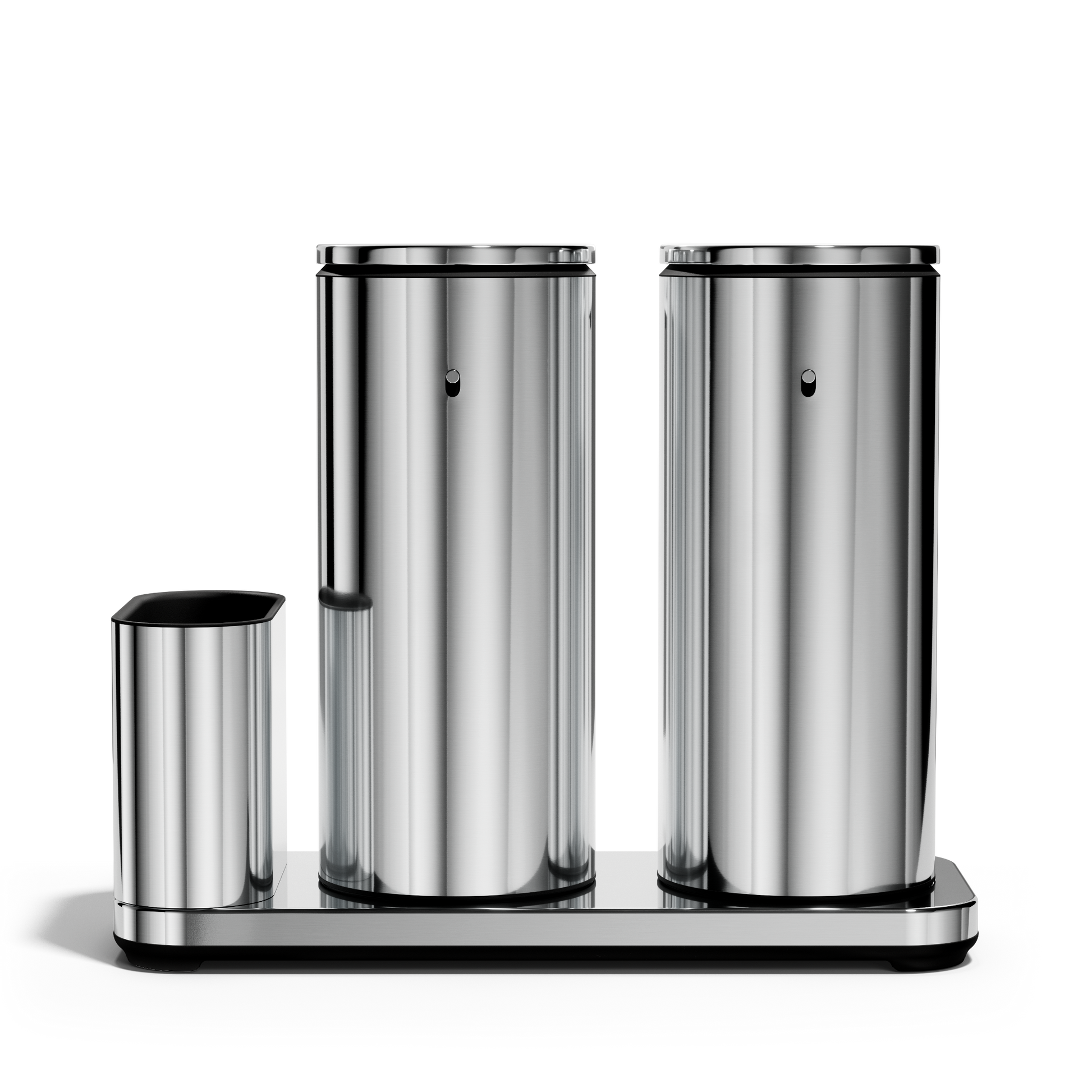 Front view of Simplehuman Polished Stainless Steel Dual Sensor Pump 14 oz. with Caddy, rechargeable, touch-free.