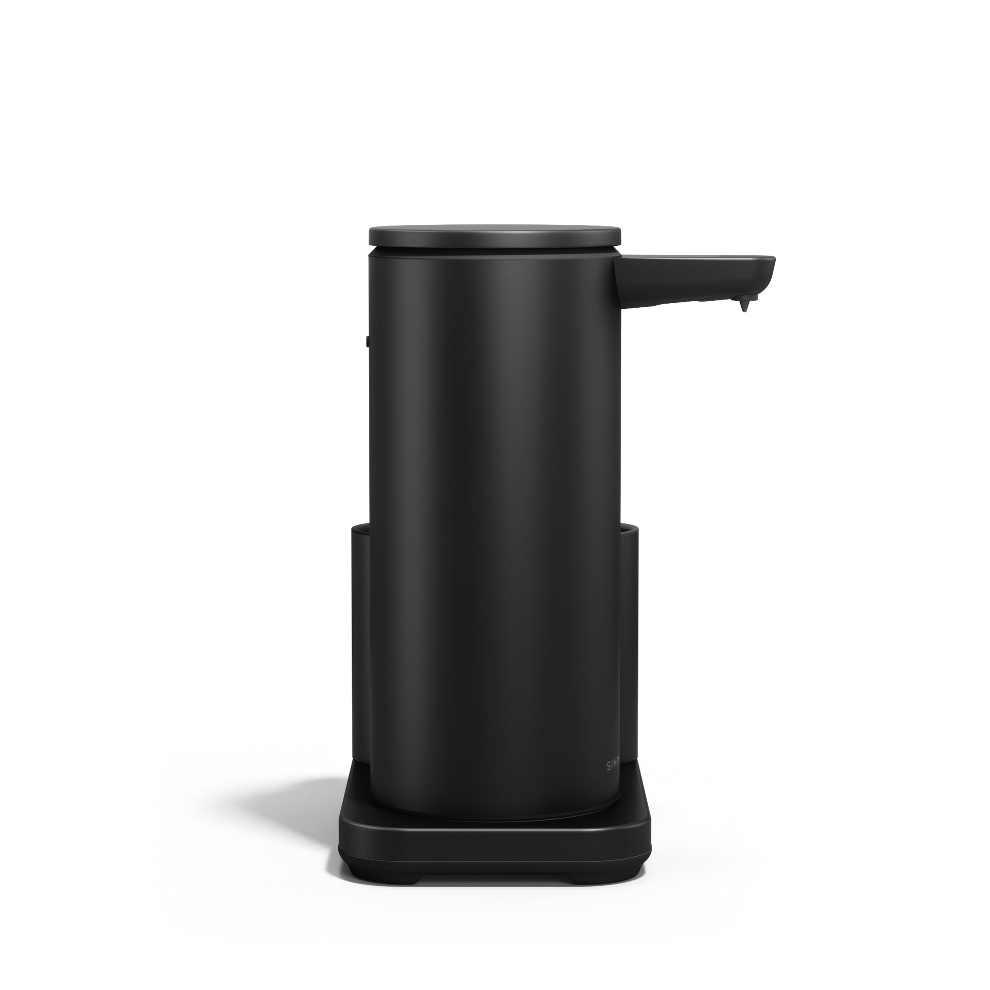 Side view of Simplehuman Matte Black 14 oz Sensor Pump + Caddy, touch-free rechargeable dispenser.
