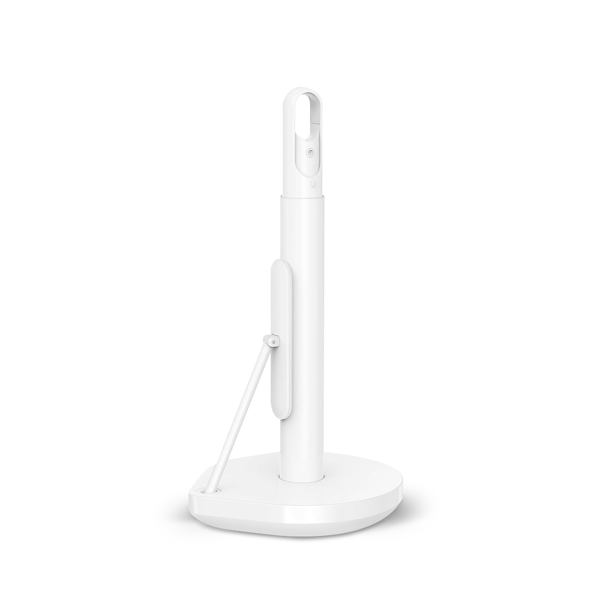 Simplehuman White Paper Towel Holder, Side view showing quick-tear arm and integrated spray holder.