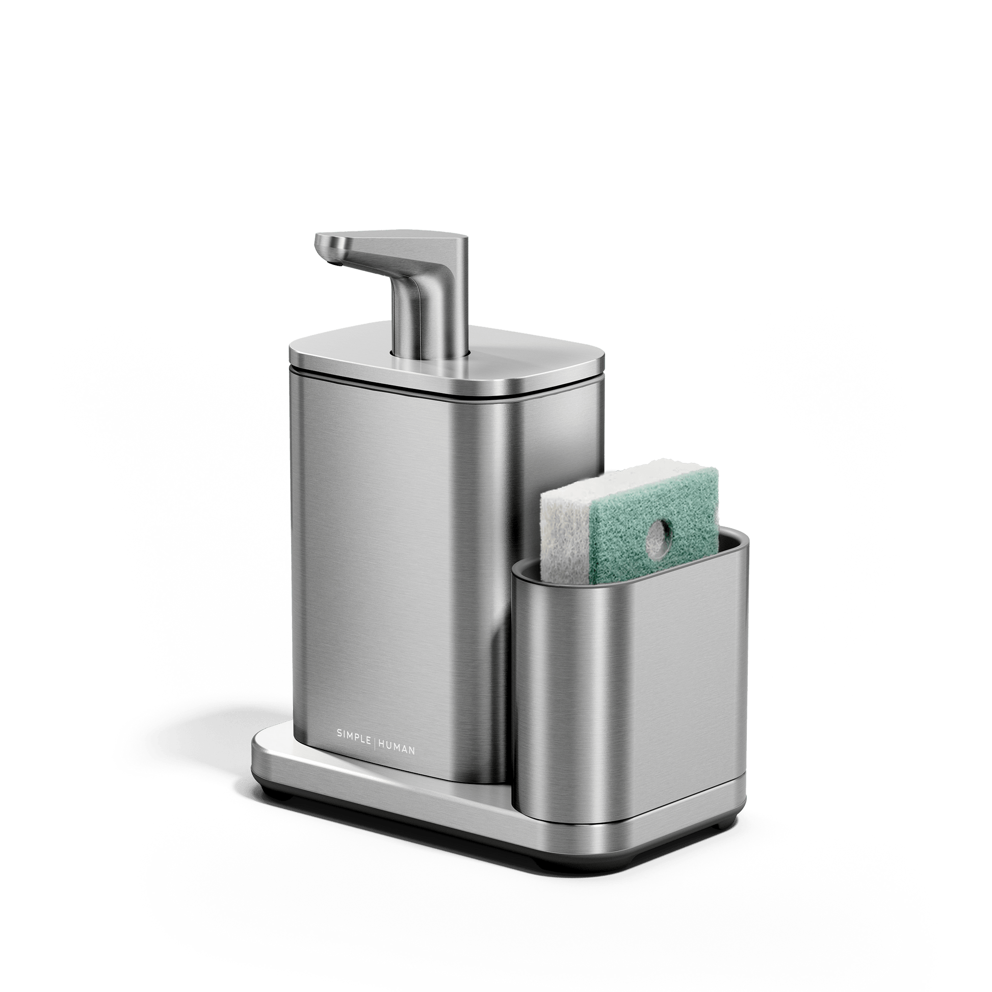 Angled Simplehuman Brushed Pulse Pump with Caddy holding a green sponge in the caddy.