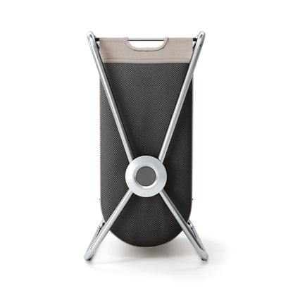 Back view of Simplehuman Double X-Frame Hamper, polished stainless steel frame and carry handle of the removable liner.