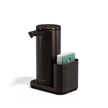 Angled view: Simplehuman Brushed Bronze 14 oz Sensor Pump + Caddy, touch-free, rechargeable, space-saving design.