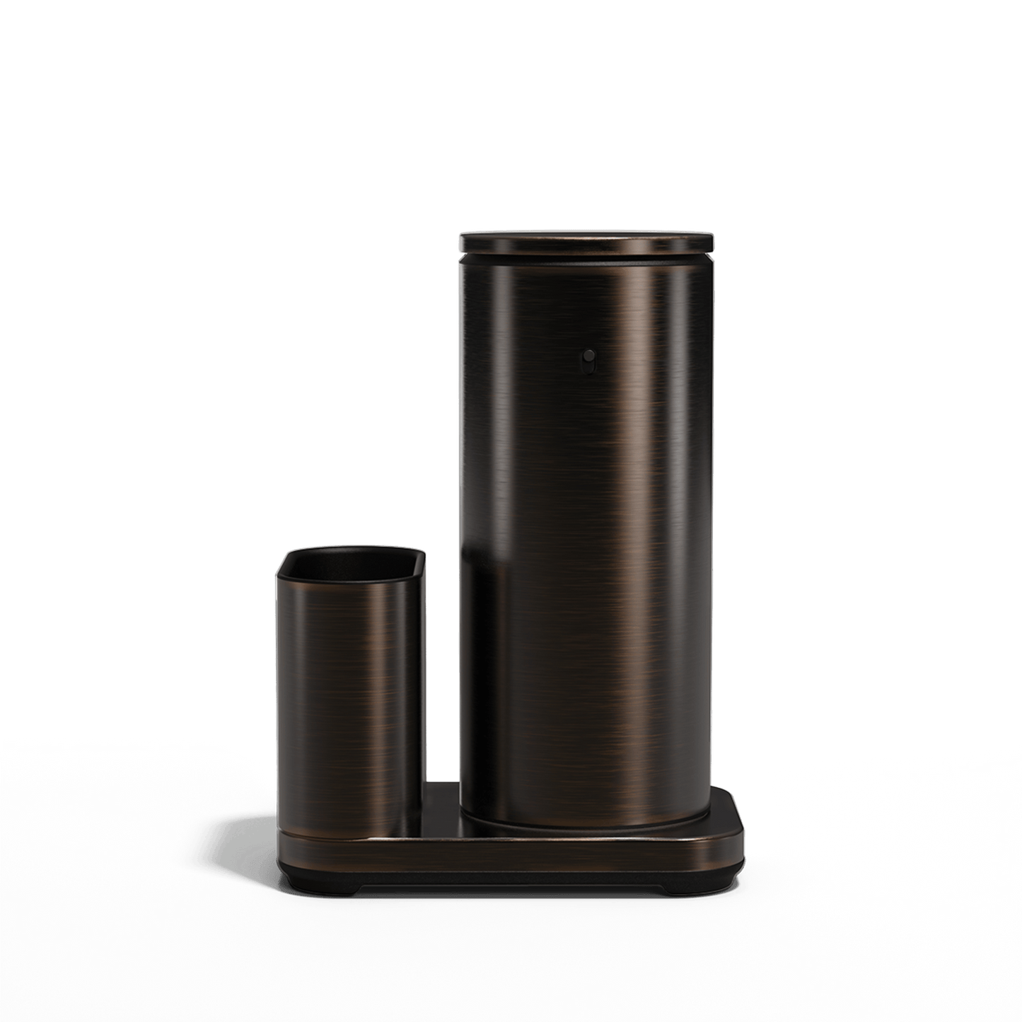 Studio front view: Simplehuman Brushed Bronze 14 oz Sensor Pump + Caddy, rechargeable touch-free design.