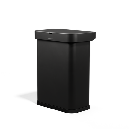 Angled view of Simplehuman 58L Rectangular Sensor Can in Matte Black, touch-free operation.