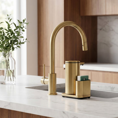 Simplehuman's 9 oz. Liquid Sensor Pump with Caddy in Brass in a modern kitchen setting with natural light, modern countertops, and wooden cabinets.
