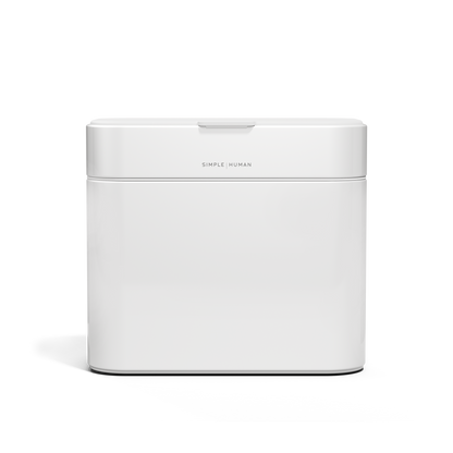 Simplehuman White Compost Caddy, tight front view showing branding and airtight seal.