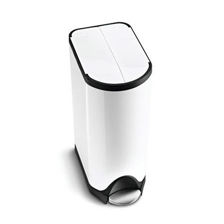 High-angle view of Simplehuman 30L Butterfly Step Can, White finish, with space-saving butterfly lid and hands-free pedal.